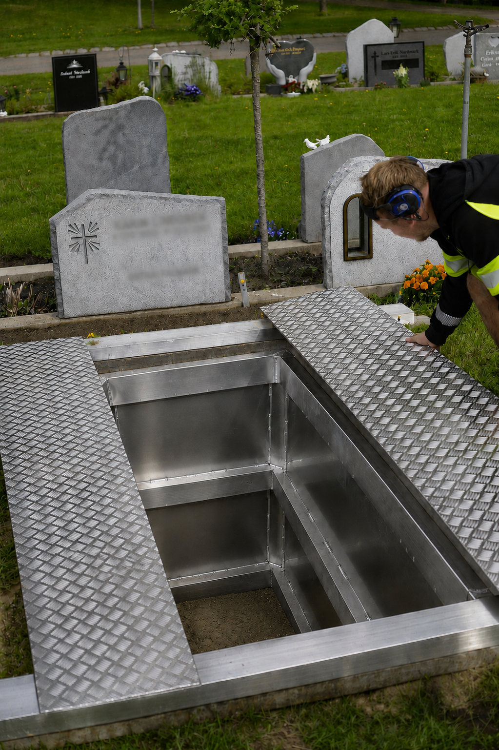 Gravsättningsskydd i aluminium med planksats, specialtillverkat av SFORM METALL